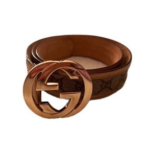 Gucci Gold GG Logo Belt Small- GG buckle w/ brown GG belt & gold/bronze edging
